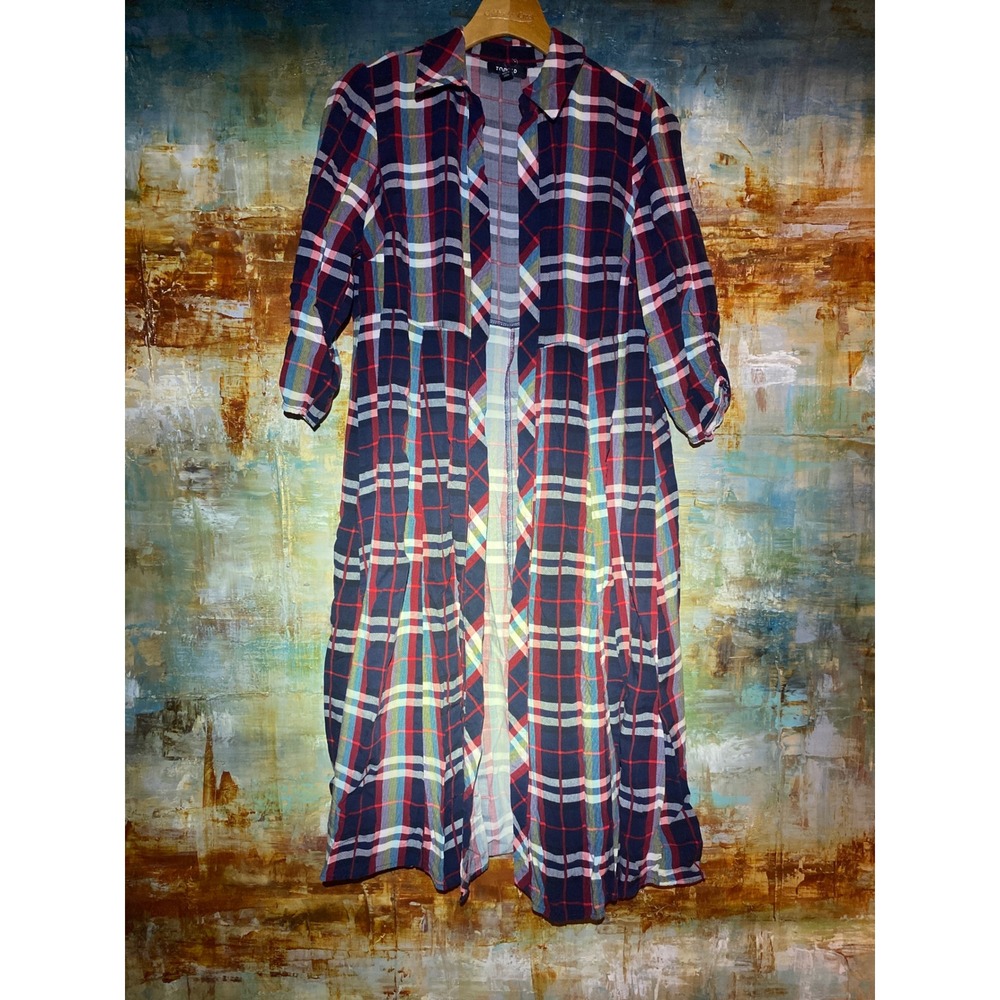Torrid Womens Plaid Button Front Shirt Dress Navy‎ Red Rayon Midi Duster 00 L XL
